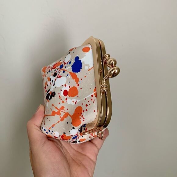 Handmade Genuine Leather Splatter Printed Wooden Frame Clutch with Small Purse - Picture 15 of 16